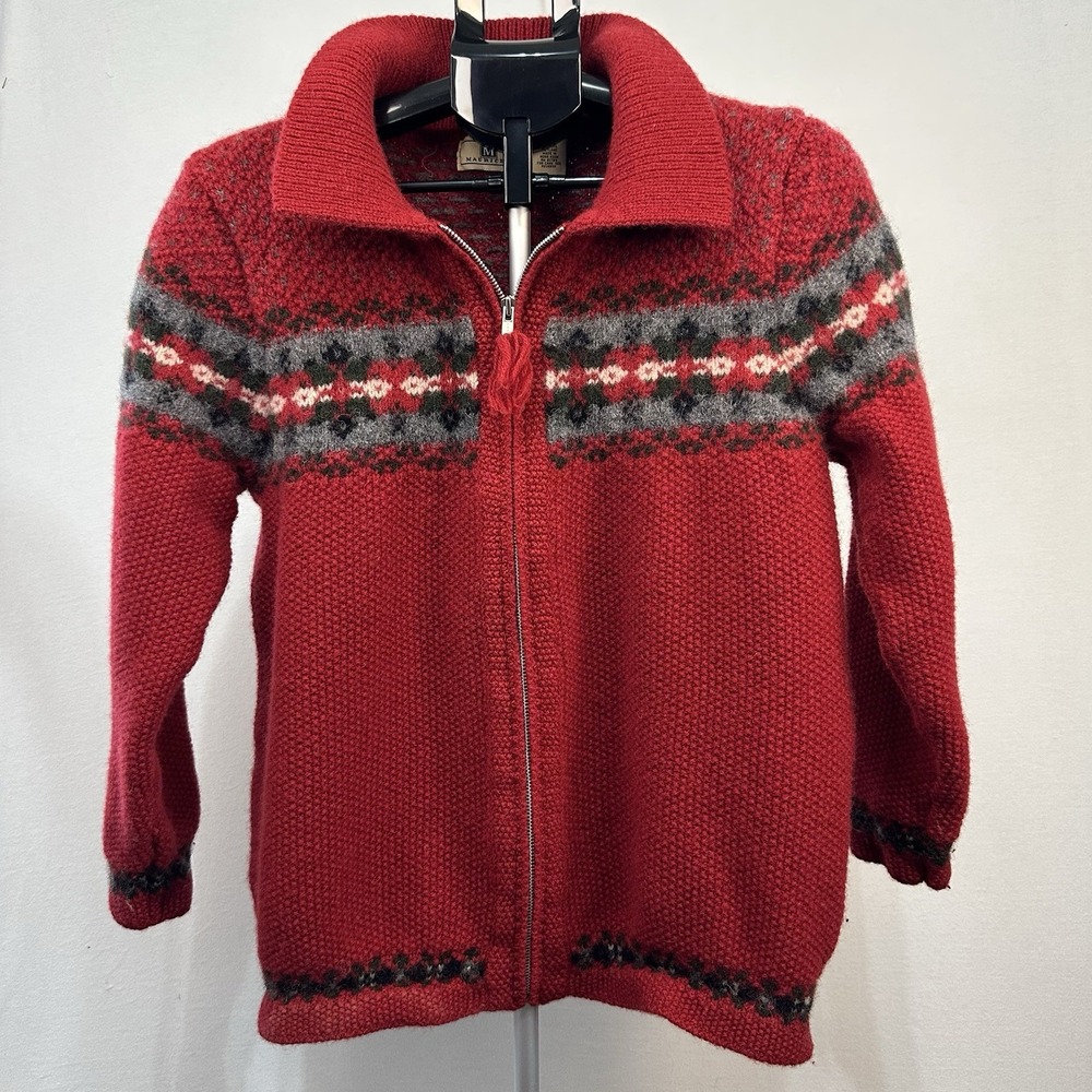 Vtg Maurice's Women's Sz Large Red Knit Cardigan 100% Shetland Wool Sweater